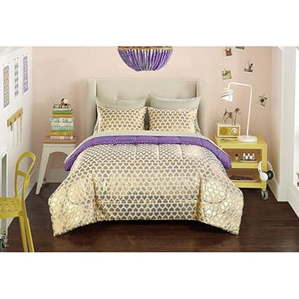Amazon Com 7 Piece Girls Gold Purple Heart Stripes Pattern