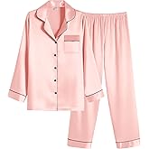 Ekouaer Women Satin Pajamas Set Classic Button Down Long Pjs Set