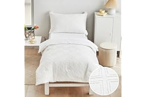 FLYSHEEP 4 Pieces Tufted Toddler Bedding Set Solid White Jacquard Tufts, Soft and Embroidery Shabby Chic Boho Bohemian Design for Baby Boys n Girls, Includes Comforter, Flat Sheet, Fitted Sheet and Pillowcase