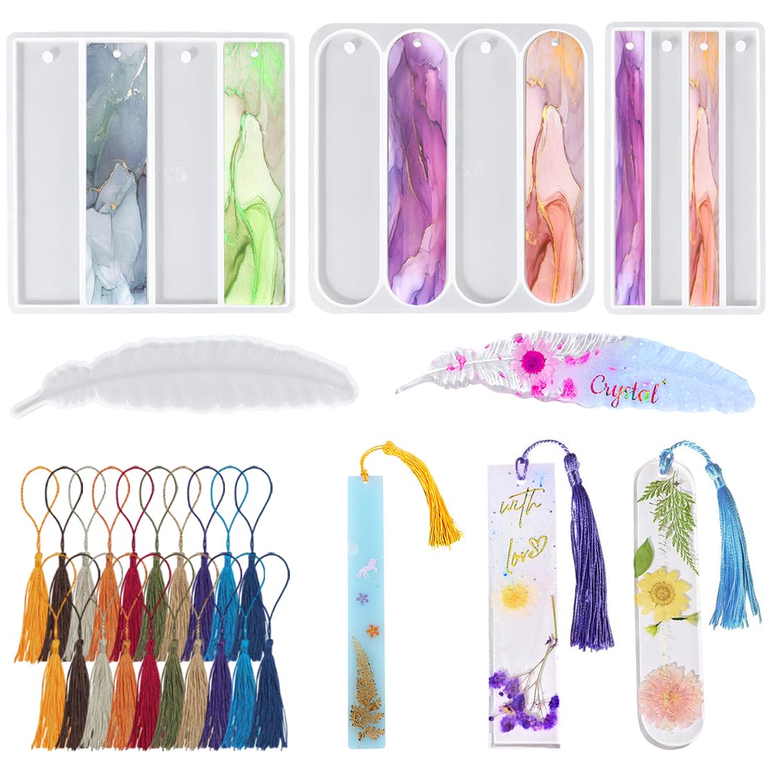 24PCS Bookmarks Silicone Mold with Tassel, Resin Bookmark Molds Book Mark Epoxy Casting Mold for DIY Oval Rectangle Feather Bookmark (Bookmark)