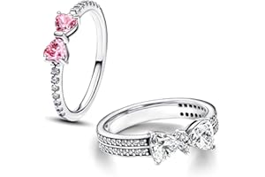 UNE DOUCE UneDouce Sparkling Bow Rings Set with 14K Gold/Silver Plating | Pink Bow Earrings and Ring Set for Women | Friendship Promise Ring, Stackable Bow Jewelry Set, Gift for Women