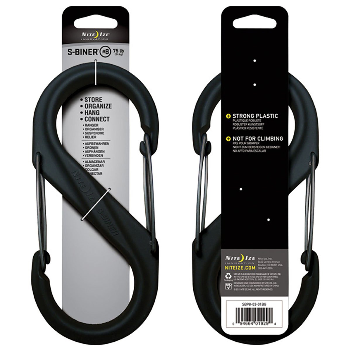 Nite Ize SBP8-03-01BG S-Biner Dual Plastic Carabiner, Black, Size 8