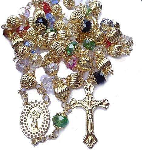 18k Gold Catholic Rosary Beads Colorfull Crystal and Pumpkin Beads Cross Medals Pendant Necklace
