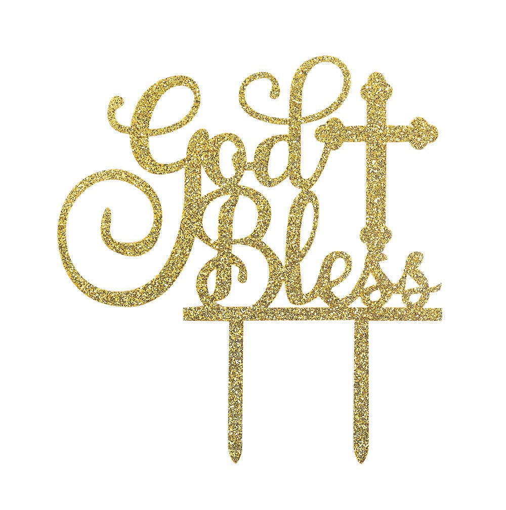 Topfunyy God Bless Cake Topper Shining Gold Acrylic Topper for Baptism, Christening, First Communion Baby Shower Party Decoration