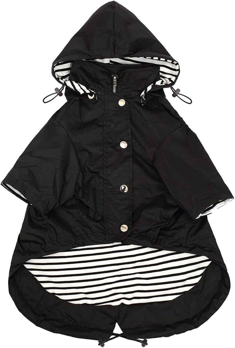Morezi Dog Raincoat Reflective Buttons Adjustable Hood Black S