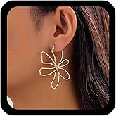 Allereyae Vintage Gold Wire Flower Earring Large Floral Hoop Earrings Hollow Flower Huggie Hoop Earrings Floral Statement Earring Exaggerated Daisy Jewelry for Women