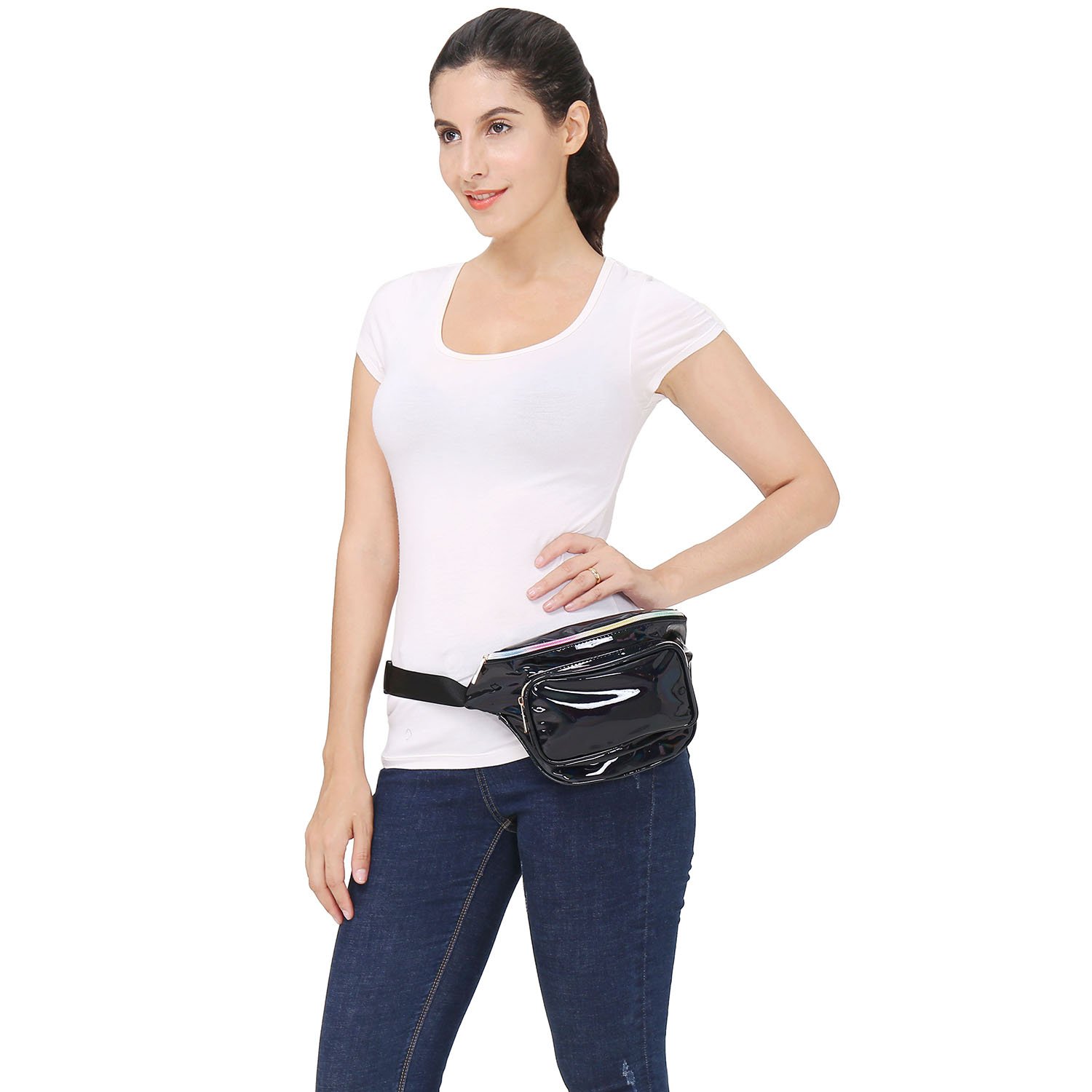 LEADO Holographic Neon Fanny Pack Cute Fashion Fanny Packs for Women and Men, Metallic 80s Shiny Waist Bags Water Resistant Bum Bag, Waist Pack Glitter for Rave, Festival, Party, Trip