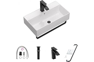 Lordear Wall Mounted Bathroom Sink with Towel Rack - 21 x 12 Inch Modern White Wall Hung Sink for Small Bathrooms, Rectangular One Hole Porcelain Vanity Sinks