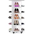 SpaceAid Spinning Shoe Rack with Wheels, 5 Tier Rotating Organizer Shoe Tower Lazy Susan with Thick Bottom, 360 Display Revolving Storage Shelf, Round Circular Rotate Organization, White