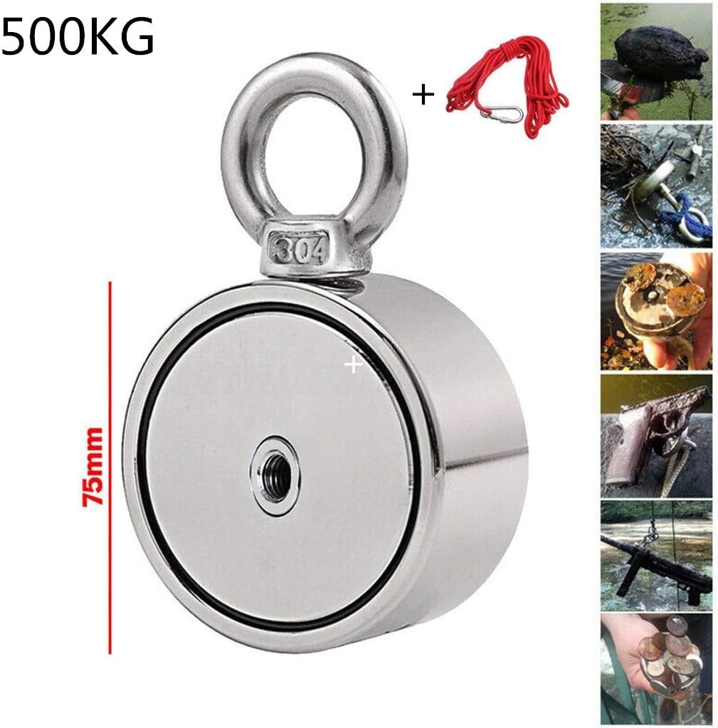 Fishing Magnet Double Sided, Neodymium Magnet with Eyebolt - 441/661/1102 LBS Super Strong Pulling Force Magnet +10M Rope, Great for Magnetic Fishing and Treasure Hunting Underwater (75mm/500KG)