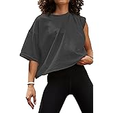 Women's Oversize Workout Crop Tops Casual Short Sleeve Drop Shoulder Boxy T-Shirts Roll Hem Basic Loose Yoga Running Tees