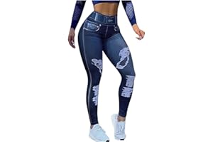 yardsong Womens Fake Denim Print Yoga Pants High Waist Stretchy Seamless Butt Lifting Leggings Athletic Workout Pants