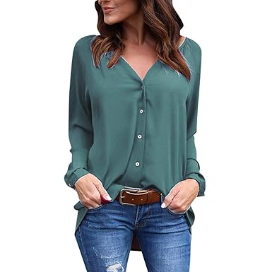 OverDose Damen Herbst-Büro-Art-Frauen-Damen-V-Ausschnitt Formale Elegante Lange Hülsen-Knopf-Chiffon- beiläufige Hemd-Bluse L
