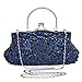 NIANWUDU Chichitop Beaded Sequin Design Flower Evening Purse Large Clutch Bag, Navy Blue