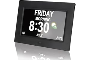 Vruelia Clocks for Seniors - 7" Digital Alarm Clock with Large Display | 8 Custom Alarms & Medication Reminders | Desk/Wall Dementia Clock for Elderly with Easy Remote Control (Black, 7'')