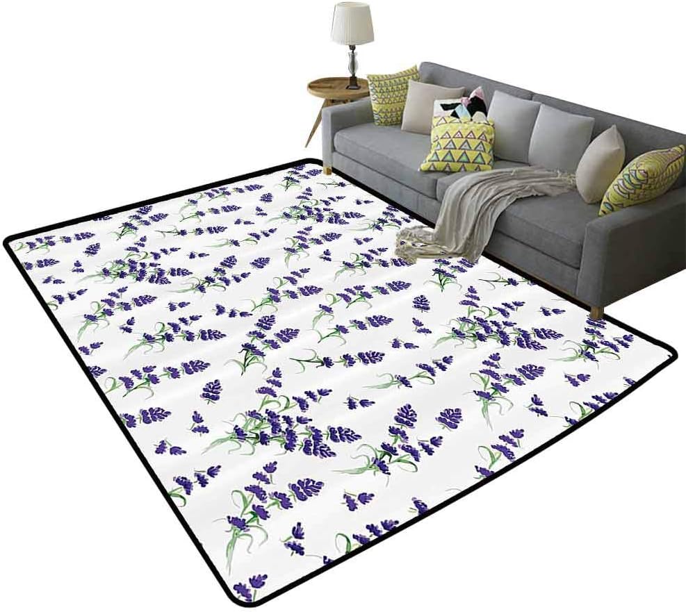 Flower House Decor Contemporary Area Rugs Watercolor Lavender Flowering Fragrant Pale Plant Essential Oil Extract Temperate Will not Fade Violet Green, 4'x 6'(120x180cm)