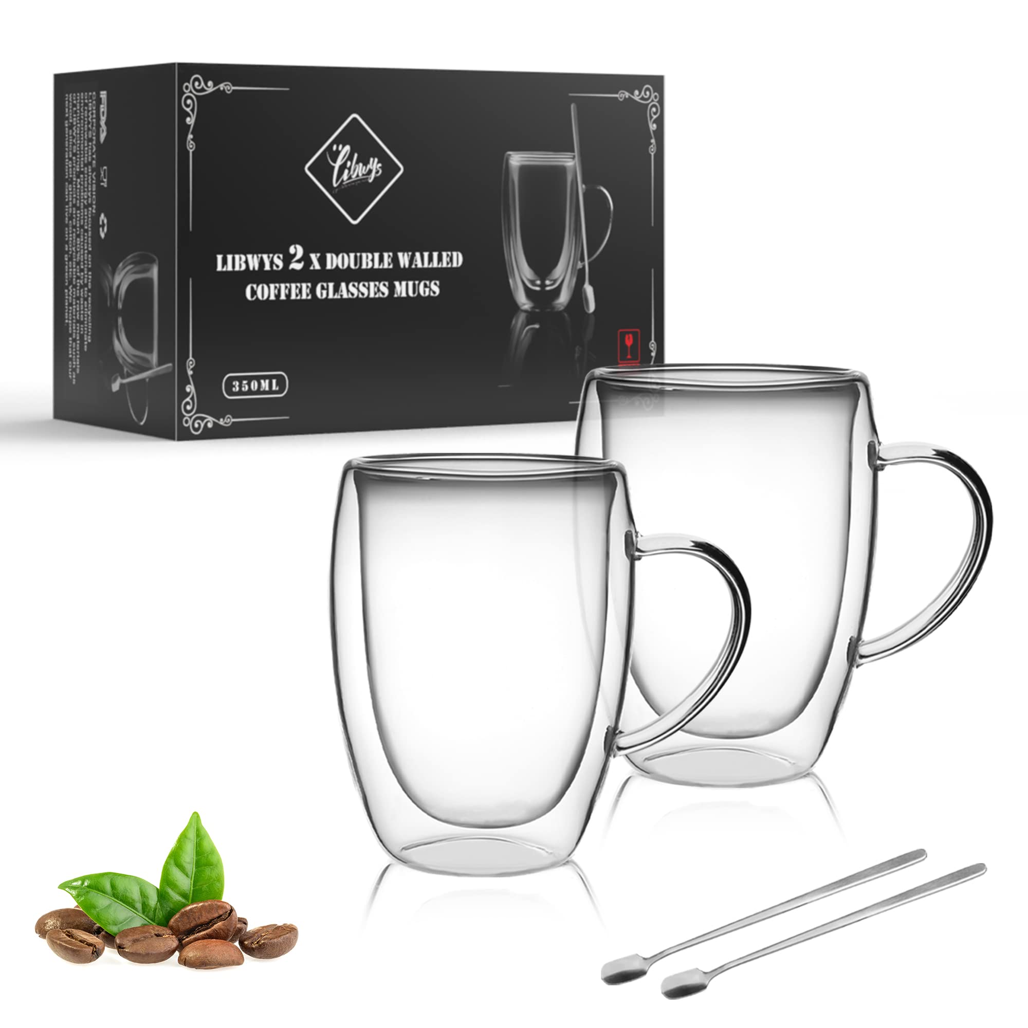 LIBWYS 2 Pack 350ml Double Walled Coffee Cups Glasses Mugs with 2 Spoons, Cappuccino Latte Tea Cups with Handle, Heat Resistant Cup Drinking Glasses