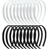 enop 20Pcs Women's Thin Satin Headbands 1CM Black and White Anti-slip Satin Ribbon Headband for Girls, DIY Hard Plastic Hairbands Plian Crafts Headbands for Kids Teens Party Favors Accessories