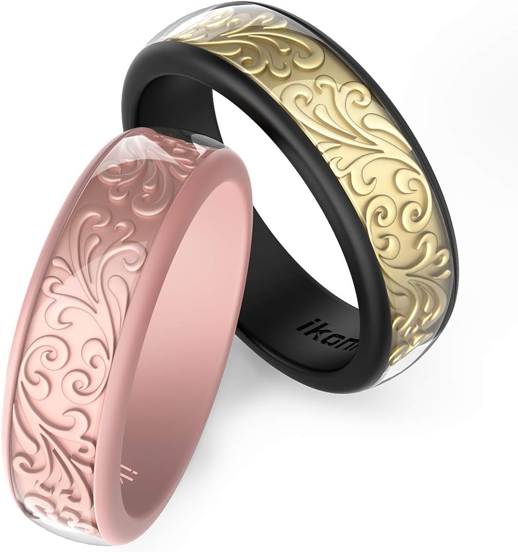Ikonfitness Silicone Wedding Ring, Two Piece Rubber Wedding Ring with Unique 3D Sculptured Flower Pattern, 6.5 mm Wide 2 Pack in Metal Box