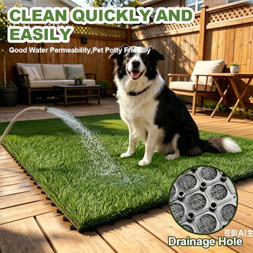 Qingbei Rina Artificial Grass Tiles Interlocking, 9 Packs Fake Grass Turf Outdoor Rug for Dogs Potty Pet, Natural Realistic 0.9m x 0.9m