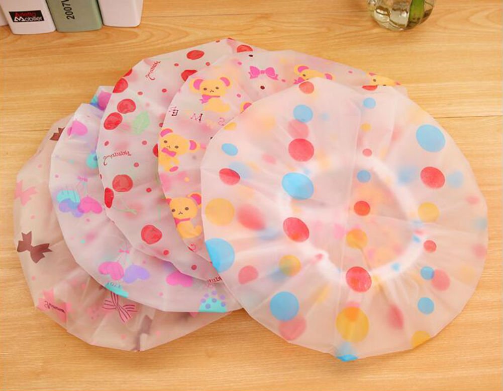 AKOAK 5 Pieces Reusable Waterproof EVA Plastic Lace Elastic Band Flower Printed Hat Environmental Protection Hair Bath Caps Shower Caps : Beauty
