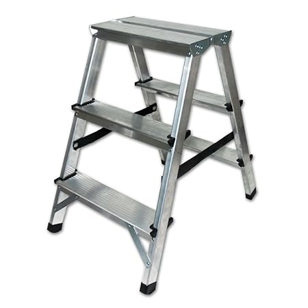 Aluminium Trittleiter Leiter beidseitig begehbar, 2x3 Stufen, 150kg Traglast TÜV geprüft