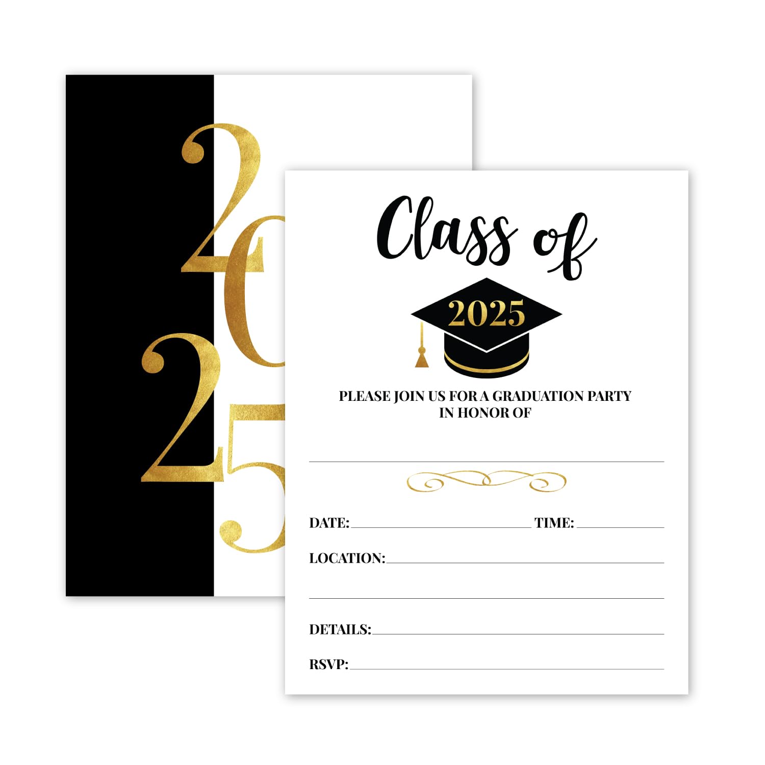 25- 2024 Gold & Black Graduation Party Invitations with Envelopes for 2024 College, High School, University Grad Celebration or Announcement- Invite Cards Fill In Style- Party Decorations Supplies