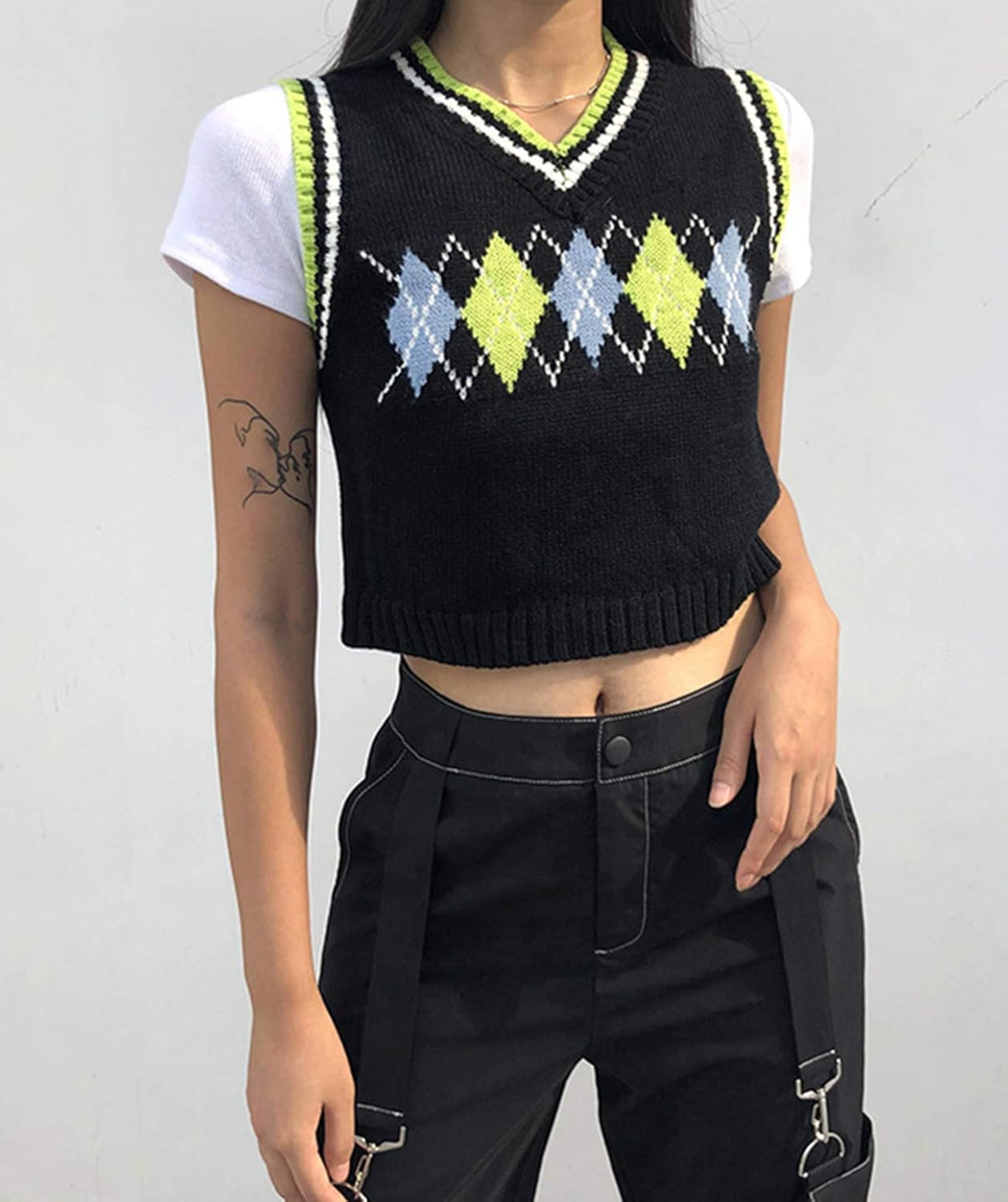 SAFRISIOR Women V Neck Vintage Sweater Vest Sleeveless Crop Sweaters Casual Preppy Style Tank Top at  Women’s Clothing store