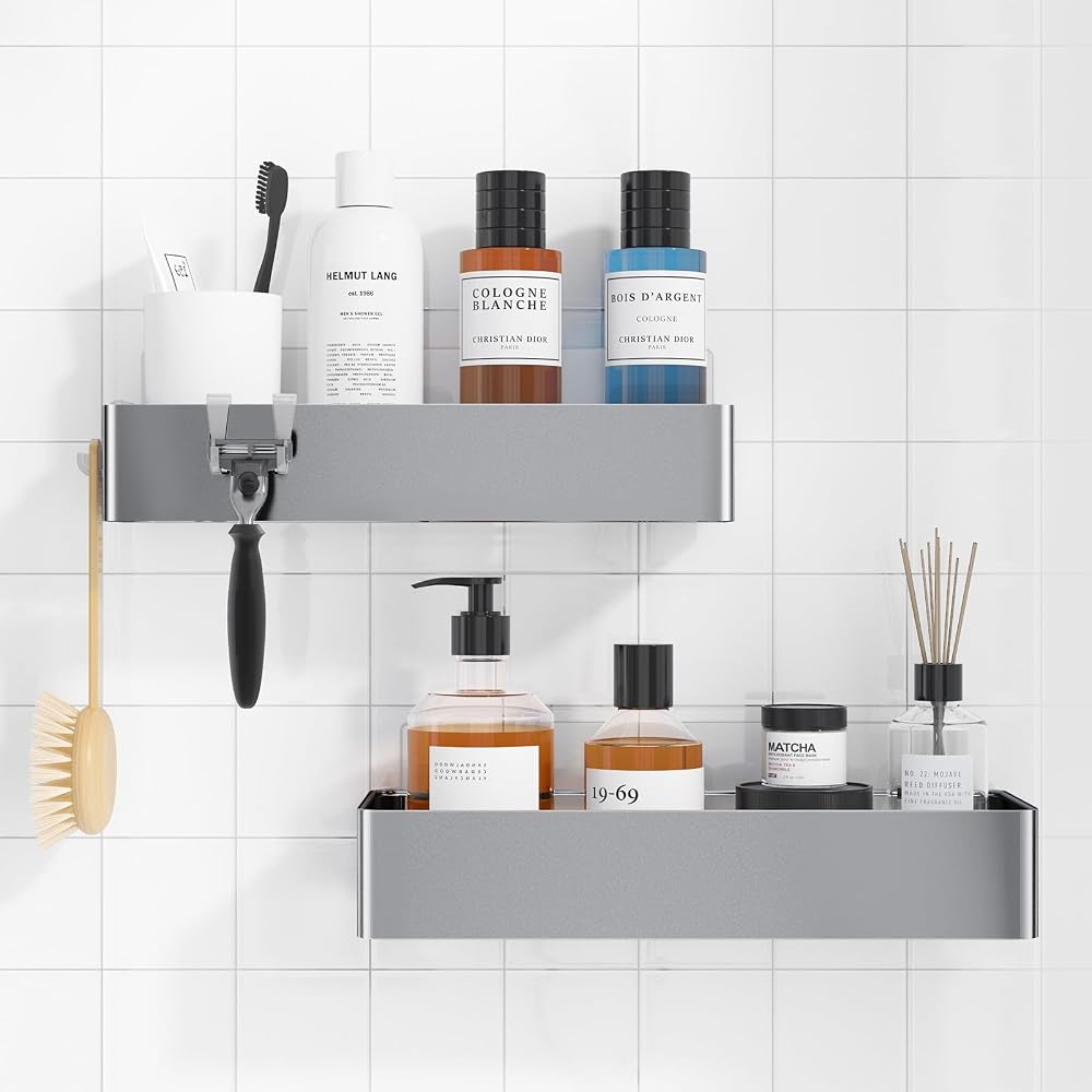 Kitsure 2 Pack Rustproof Shower Caddy Large 2 Shelves Drill-Free Silver