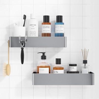 Kitsure 2 Pack Rustproof Shower Caddy Large 2 Shelves Drill-Free Silver