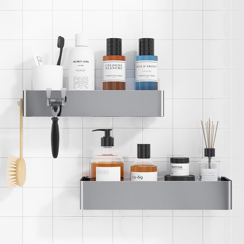 Kitsure 2 Pack Rustproof Shower Caddy Large 2 Shelves Drill-Free Silver