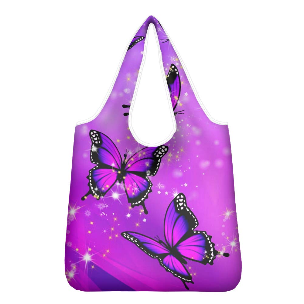 Pizding Bling Crystal Purple Butterfly Design Reusable Grocery Bags, Large Storage Tote Bags Box Foldable into Attached Pouch,Polyester Fabric Shopping Bags Washable Durable and Lightweight