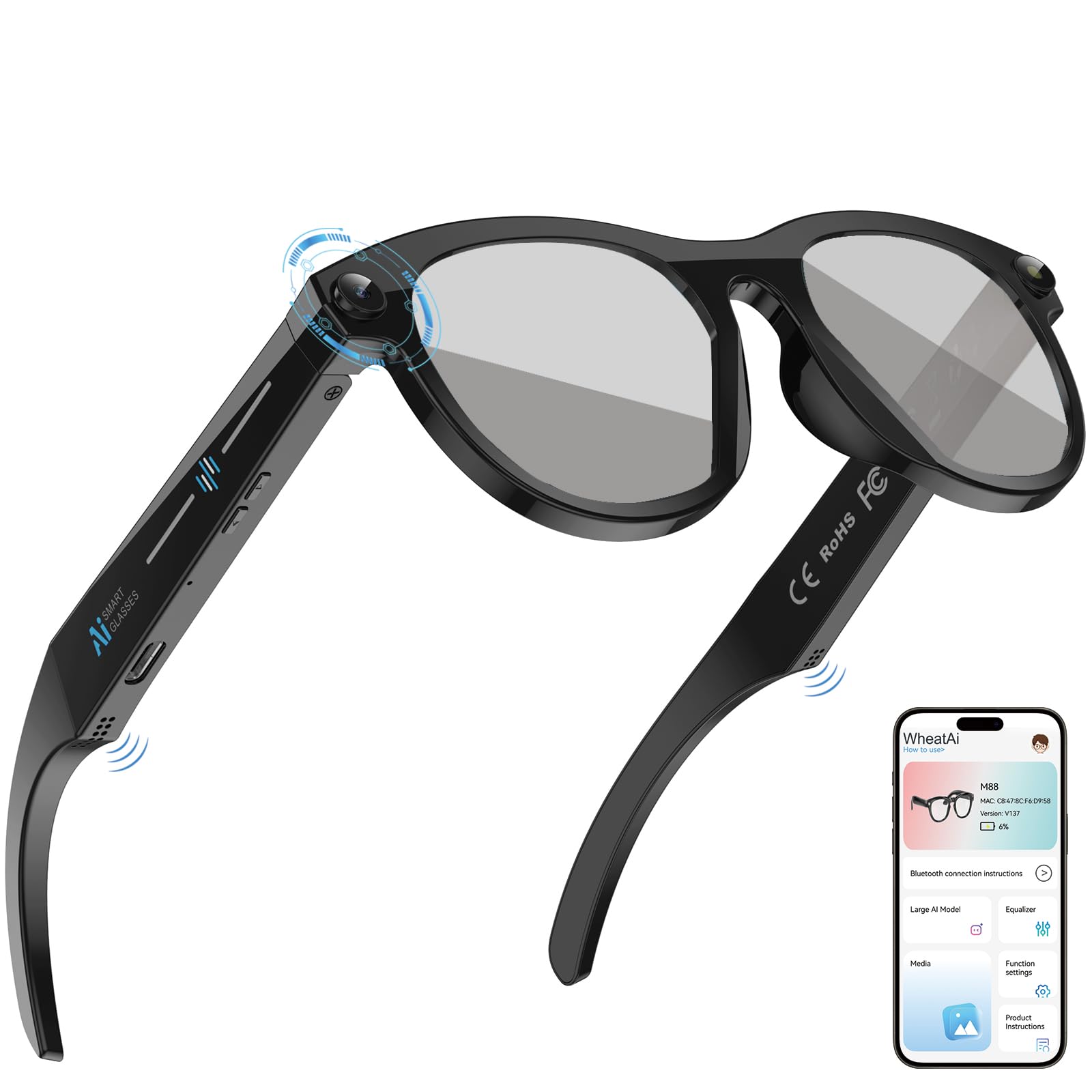 Lixeszt Smart Glasses with Camera Bluetooth Speaker AI Glasses Translation/Voice Control/Object Recognition,48H Duration of Use for Travel, Conferences & Vlogging 290mAh Unisex (Transparent)
