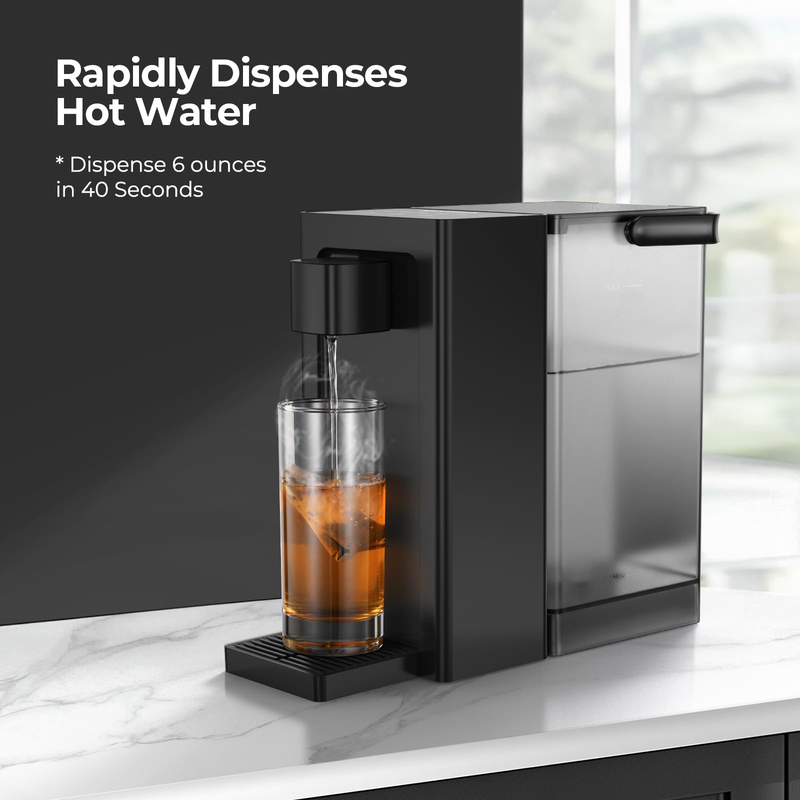 Narcissus D30 Dispensador instantáneo de agua caliente para encimera para calentamiento y dispensación rápidos, dispensación ajustable de 5 temperaturas y 4 volúmenes de agua, tanque de agua extraíble de 100 onzas de capacidad con asa de transporte, sin BPA