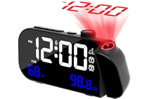 MONSOCIO Projection Alarm Clock, Digital Clock with 180° Rotatable Projector and infinitely brightness dimmer and voice – activated function for bedroom , Dual Alarms, FM radio ,USB Charging Port, Snooze