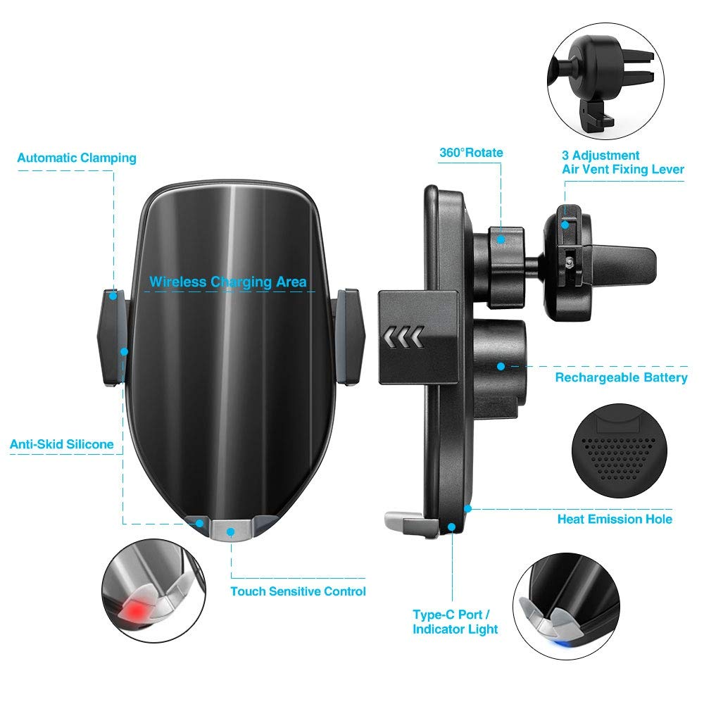 slopehill Wireless Car Charger, Auto-Clamping 10W Qi Fast Wireless Charging Dashboard Car Phone Holder with 360° Air Vent Holder,Compatible with Samsung, 7.5W for iPhone (Style C)