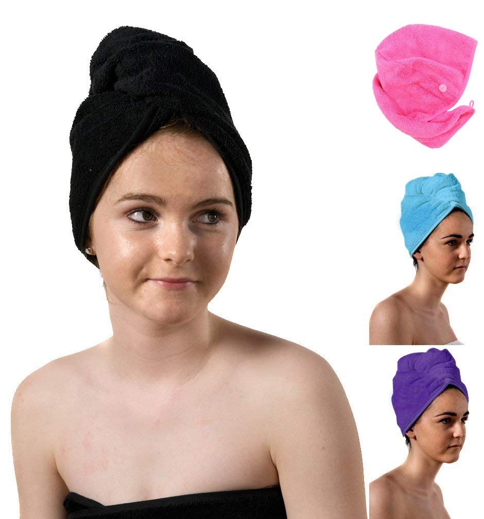 aztex Luxury Hair Turban Towel, Head Wrap Towel, Hair Drying Towel with Loop and Button Fastener, Luxury Absorbent and Lightweight Cotton, Multiple Colours, 64 x 23cm - Black