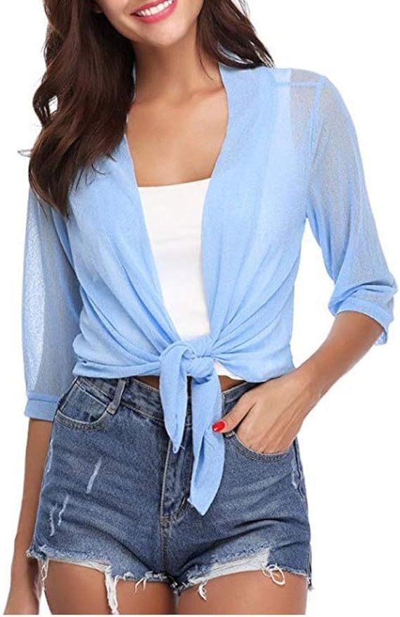 FirhE Women's Tie Front Sheer Shrug Sunscreen Fashion 3/4 Sleeve Beach