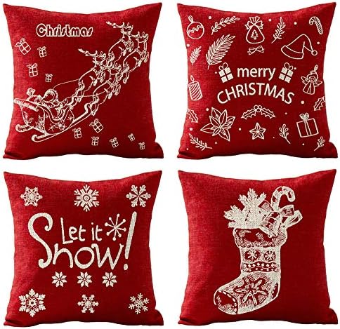 Red Snowflake Merry Christmas Sock Snowman Candy Deer Hat Gift Holiday Cotton Linen Throw Pillow Covers Case Cushion Cover Sofa Decorative Square 18x18 inch Decorative Pillow Wedding Birthday