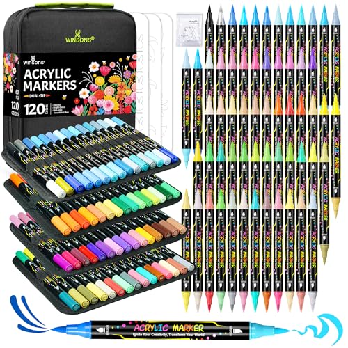 WINSONS 120 Colors Colouring Pens, Acrylic Paint Pens, Dual Brush Tip, Non-Toxic, Waterproof, Drawing Markers with Storage Case, Replaceble Nibs