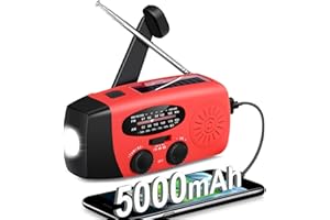 WENBELLE 5000mAh Emergency NOAA Weather Radio, Self Powered FM AM Hand Crank Radios, Solar Radio with SOS, Earphone Jack, 4 Modes LED Flashlight, Phone Charge (Red)