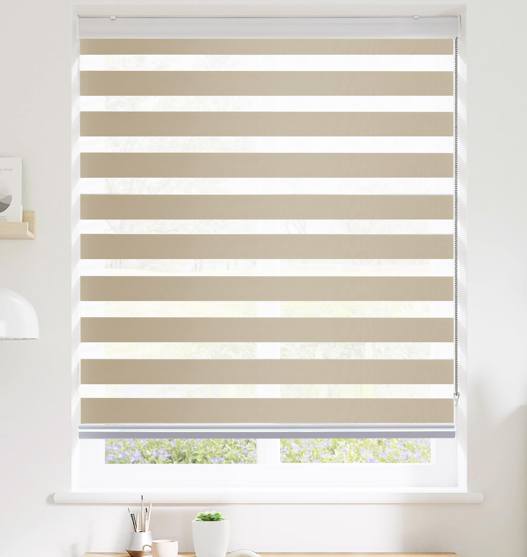 Photo 1 of (see notes) SHECUTE Zebra Blinds for Windows, 72H x 58W (Support Custom Size), Khaki Dual Layer Zebra Window Shades, Light Filtering Room Darkening Day and Night Window Blinds for Home, Living Room, Bedroom