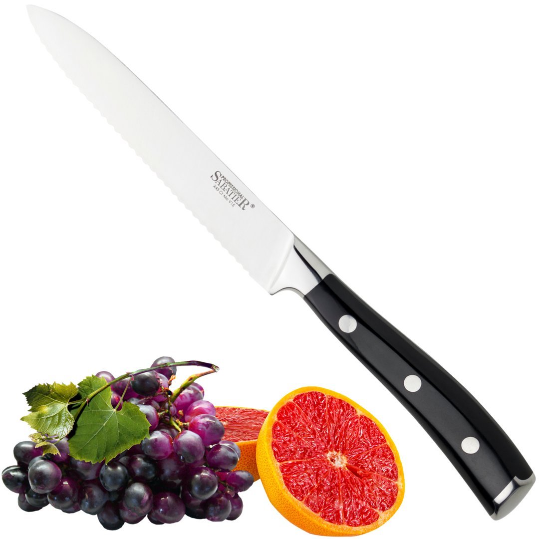 Professional Sabatier Serrated Utility Knife - 5in/12cm Full Tang Blade Forged from Chrome-Molybdenum-Vanadium Stainless Steel. Carbon Black Triple Rivet Handle. 25-Year Guarantee. Dishwasher Safe.