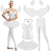 Mepase 6 Pcs Swan Costume for Women Bustier Corset Top Tutu Skirt Wings Pearl Choker Hair Clip Pantyhose