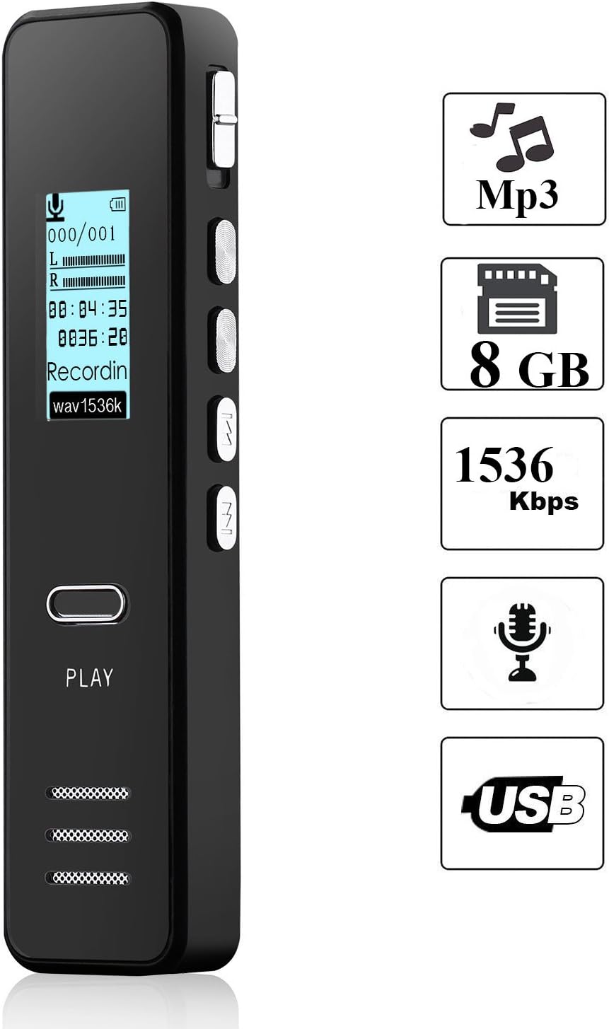 UZOPI Digital Voice Recorders 8GB Audio Sound PCM Dictaphone with MP3 Player Microphone Playback OLED Screen Password Set USB Rechargeable for Meeting Lectures Interview