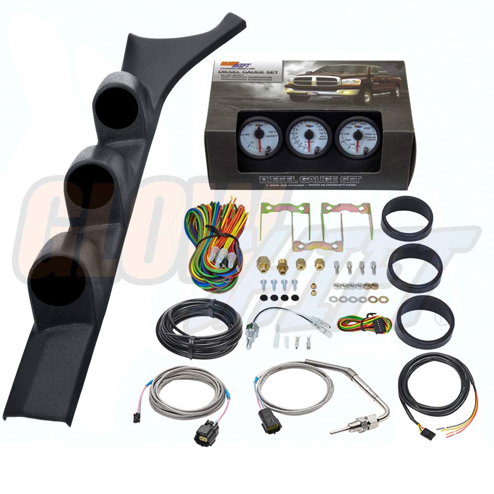 GlowShift Diesel Gauge Package for 1986-1993 Dodge Ram Cummins First 1st Gen - White 7 Color 60 PSI Boost, 1500 F Pyrometer EGT & Transmission Temp Gauges - Black Triple Pillar Pod