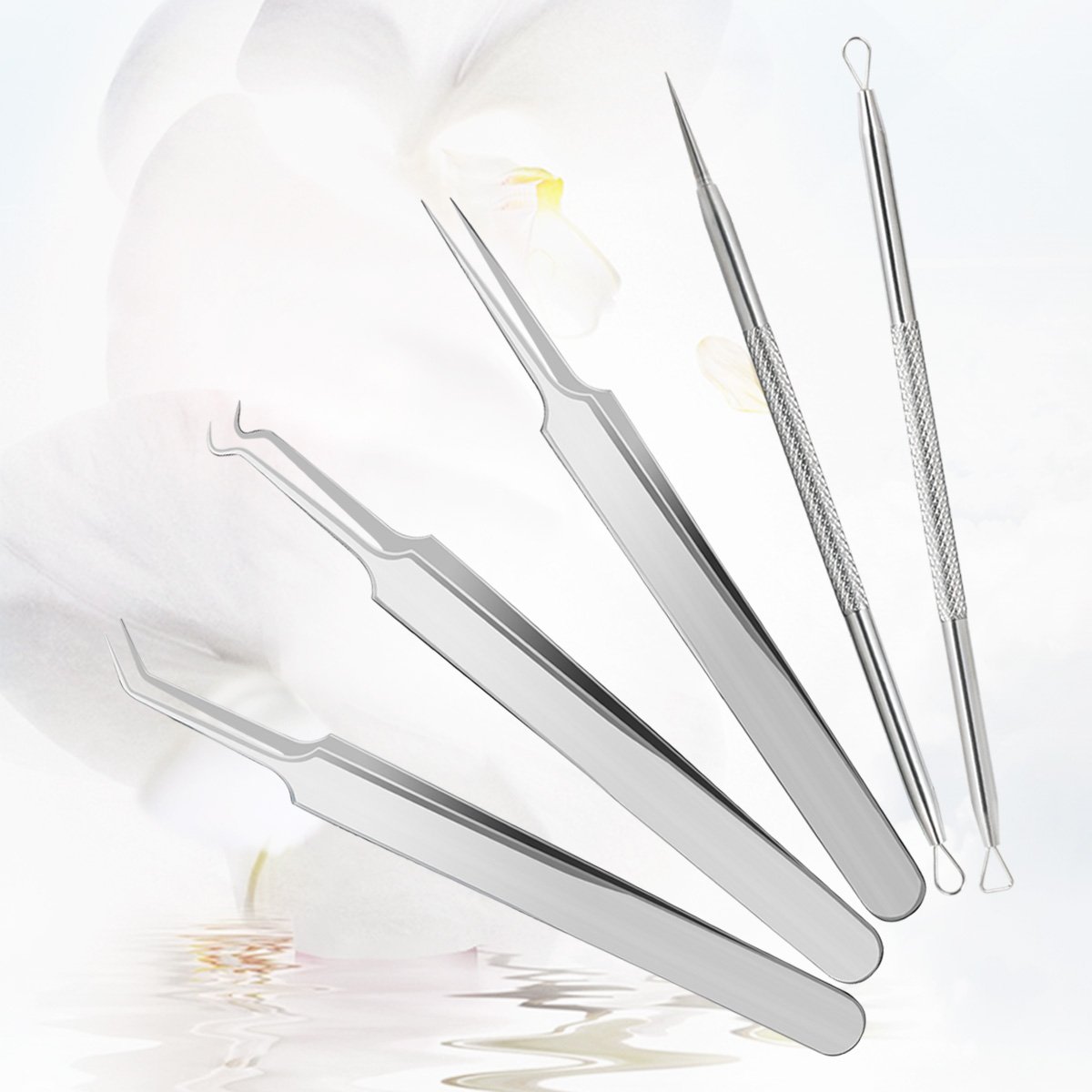 AMTOK Blackhead Remover Kit Curved Blackhead Tweezers Kit Pimple Comedone Extractor Tool Set Treatment for Blemish , Zit Popper (Tweezers Kit 5pcs)