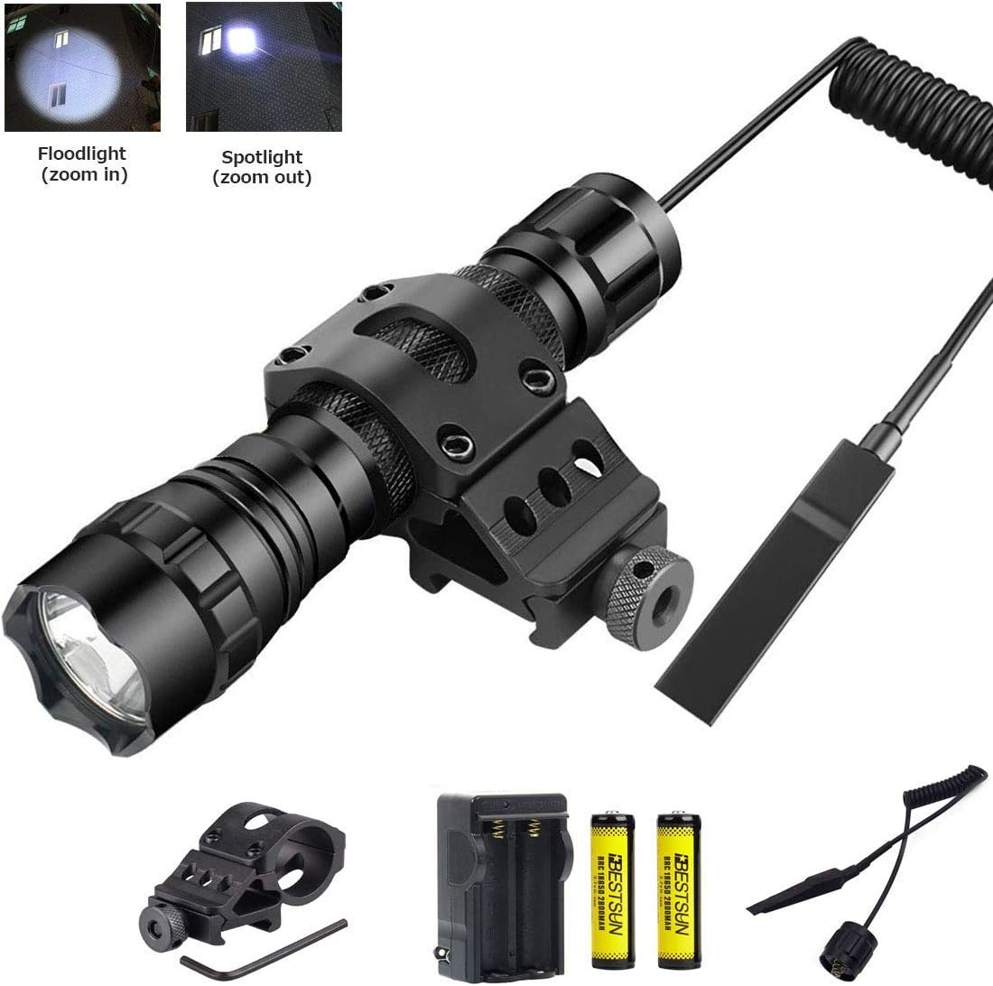 Tactical LED Flashlight Super Bright 2000 Lumens Zoomable Waterproof Hunting Light Torch with Pressure Switch, Offset Rails Mount, Rechargeable Batteries and Charger for Camping
