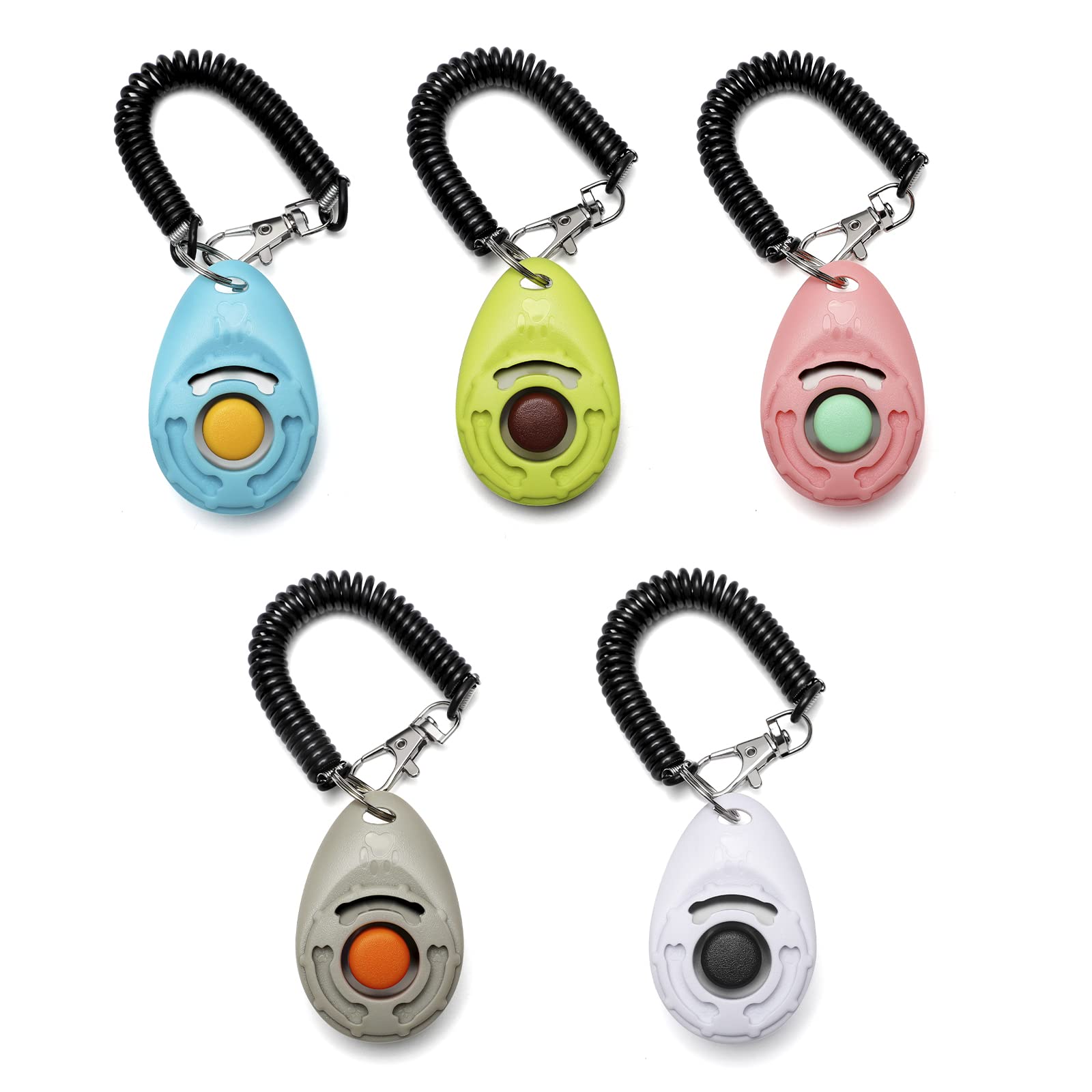 Toozey Dog Clicker, Pack of 5 Clickers with Wrist Strap, Clicker with Large Button, 5 Colours, Bonus E-Book (White+Grey+Pink+Blue+Green)