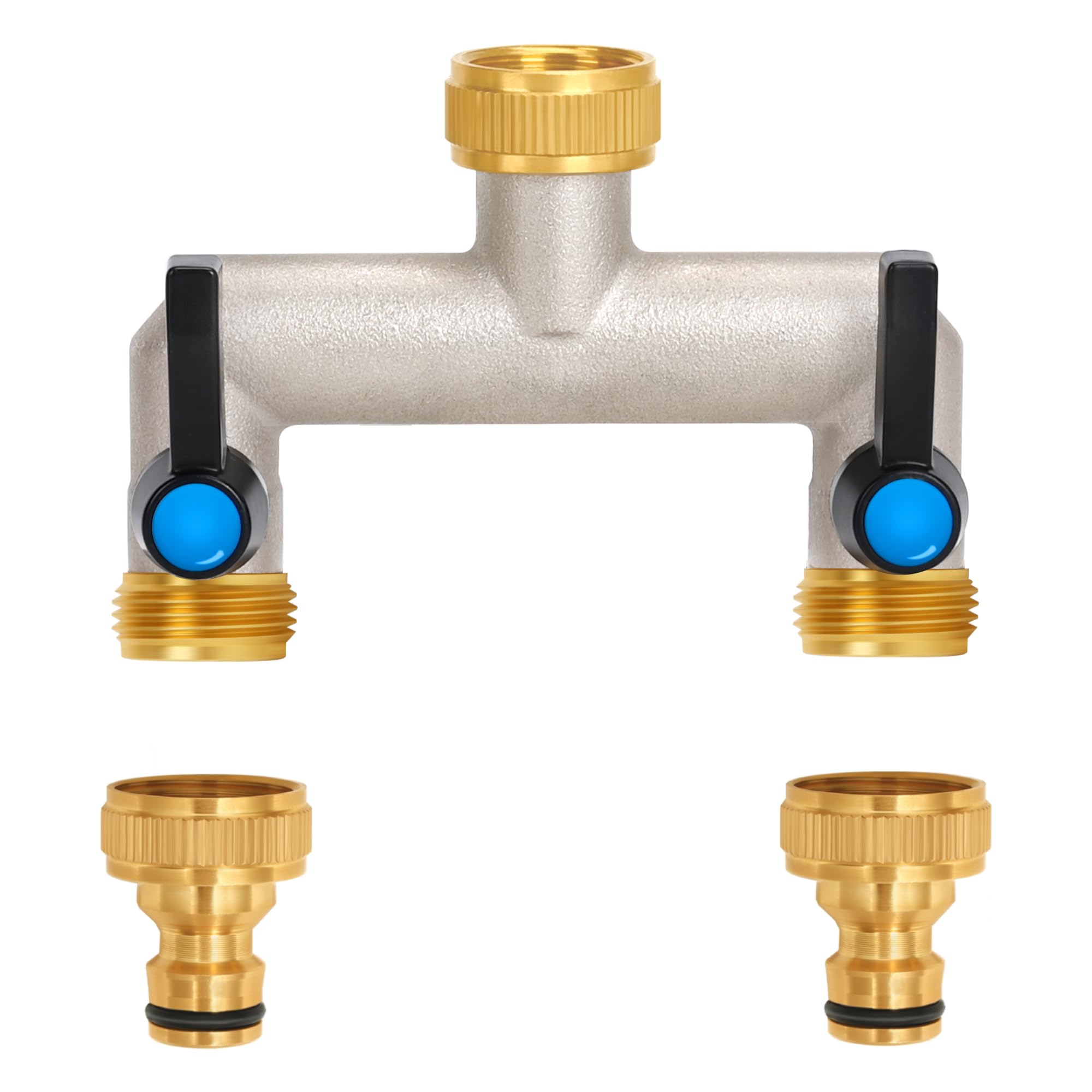 OPERMAXER 2-Way Tap Water Distributor, Extended Handle, 3/4 Inch Brass Water Connection Distributor with Individual Shut-off Valves, 2 Distributors 3/4 Inch Adapter 1/2 Inch for Appliances/Garden
